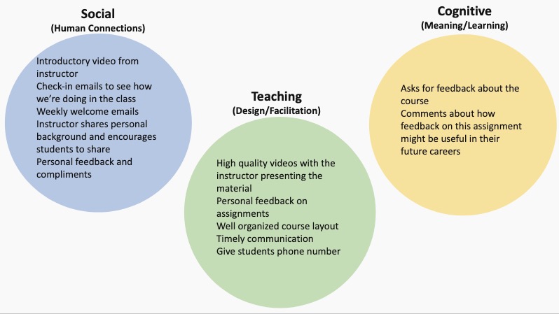 The image demonstrates how faculty organized their experiences with presence into the three presences. For more detailed information on this image, jump to about the 20 minute mark in the video recording of the webinar.