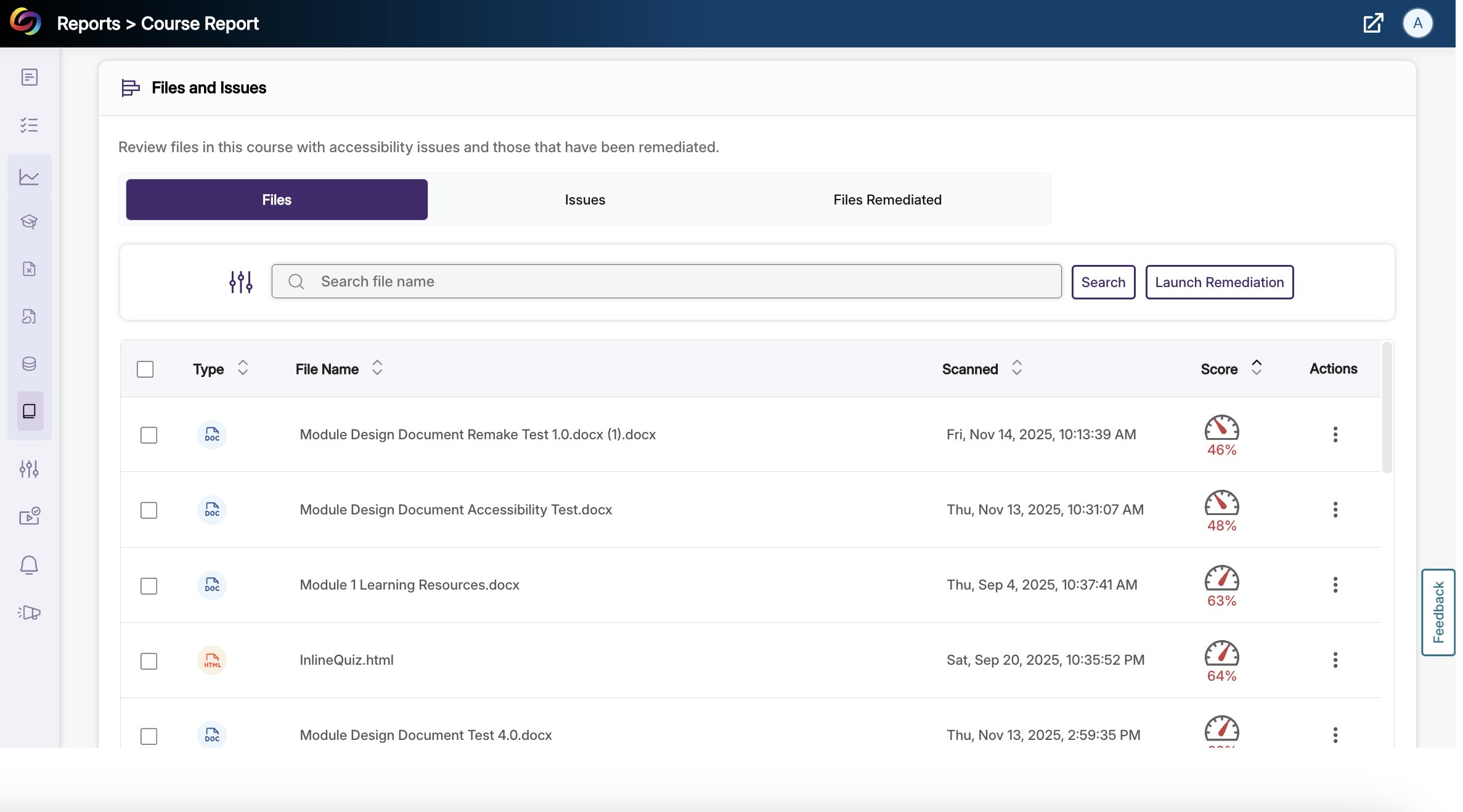 screenshot of the Files and Issues dashboard in Yuja Panorama's Course Report